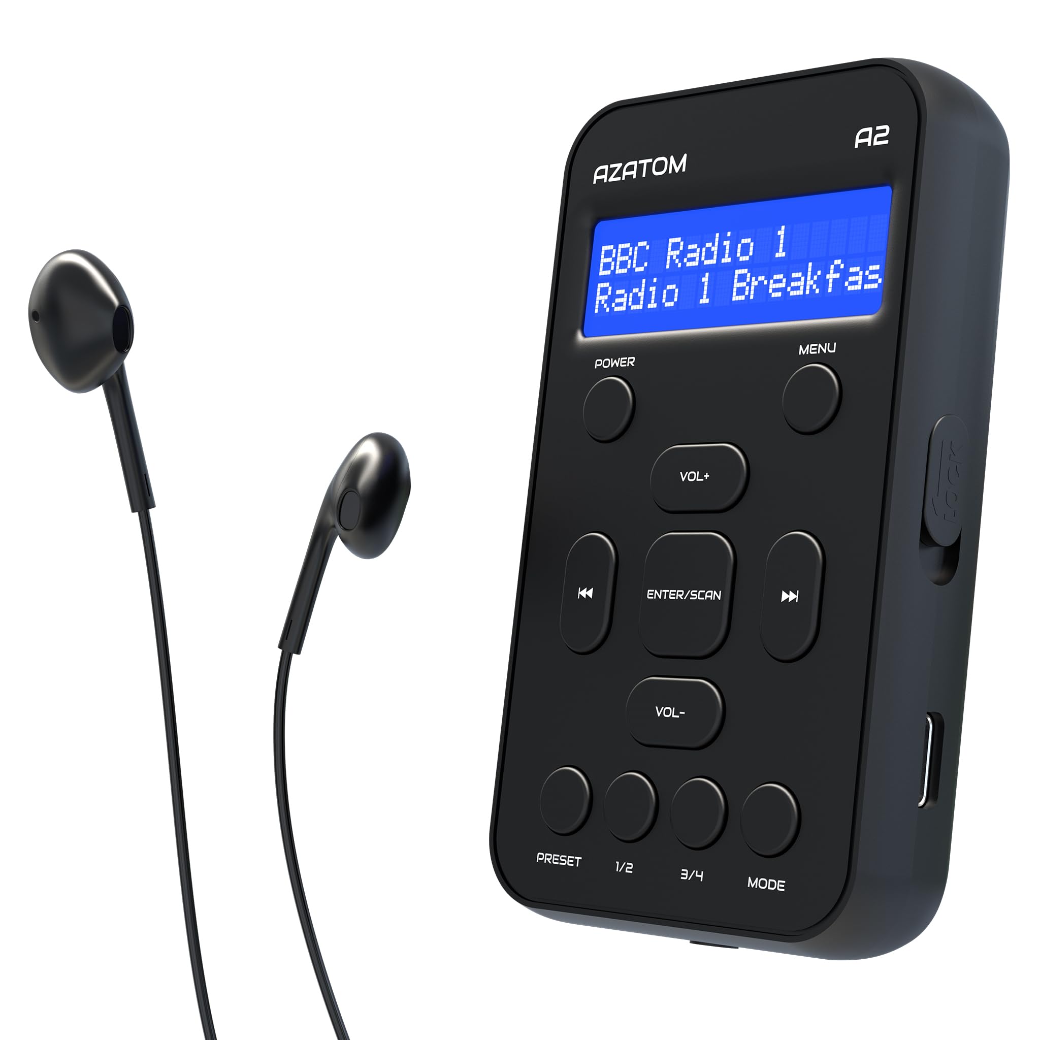 Portable DAB/DAB+ & FM Digital Radio | Sports Earphones Included | Clear Digital Display | Rechargeable Battery (10-12 Hours) | Perfect for Sports, Hiking or Working | AZATOM A2 (Black)