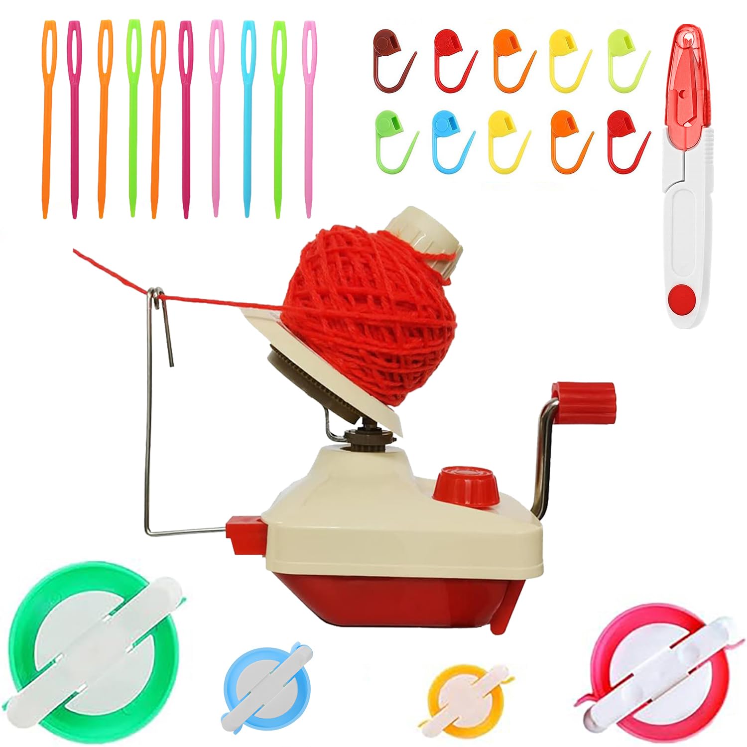Ball Winder, Convenient Yarn Winder, Ball Winder Suit for Yarn Swift with Easy Installation, 1 Scissor + 20 Gauge Knitting Needles + 4 Sizes of Pom Pom Makers (26)