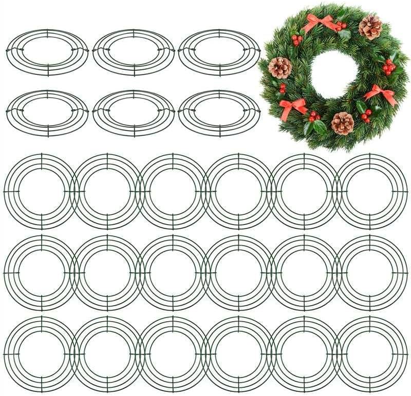 Aodaer 24 Pack 10 Inch Wire Wreath Frame Christmas Dark Green Wire Wreath Ring Round Metal DIY Floral Crafts Wreaths for Halloween New Year Holiday Valentines Day Decorations