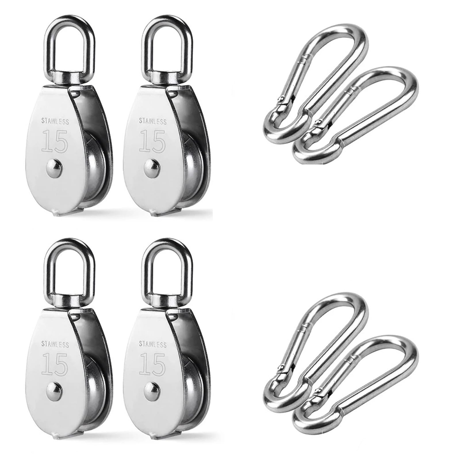 Poleas Juego de cuerda elevación polea acero inoxidable 304, herramienta rueda con hebilla resorte M4-M10 for tracción alambre colgante(M32X2set)