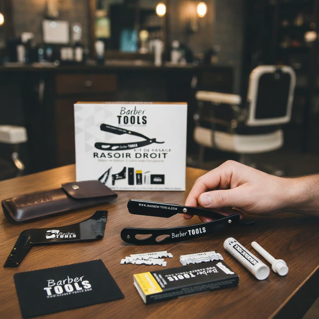 Kit da rasatura uomo - Rasoio per barba uomo/taglio a mano per barba - con 50 Lame Singole + Panno + Stick di allume + Custodia per la conservazione + Pettine guida per rasatura -NERO- BARBER TOOLS
