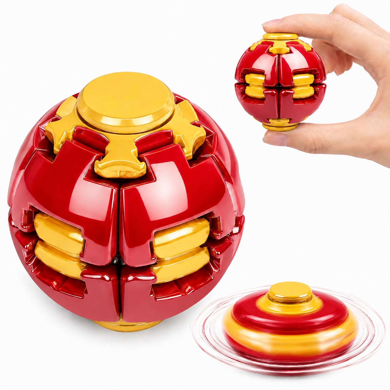 Press to Spin Fidget Ball, Sensory Stress Relief Toy, Red & Yellow