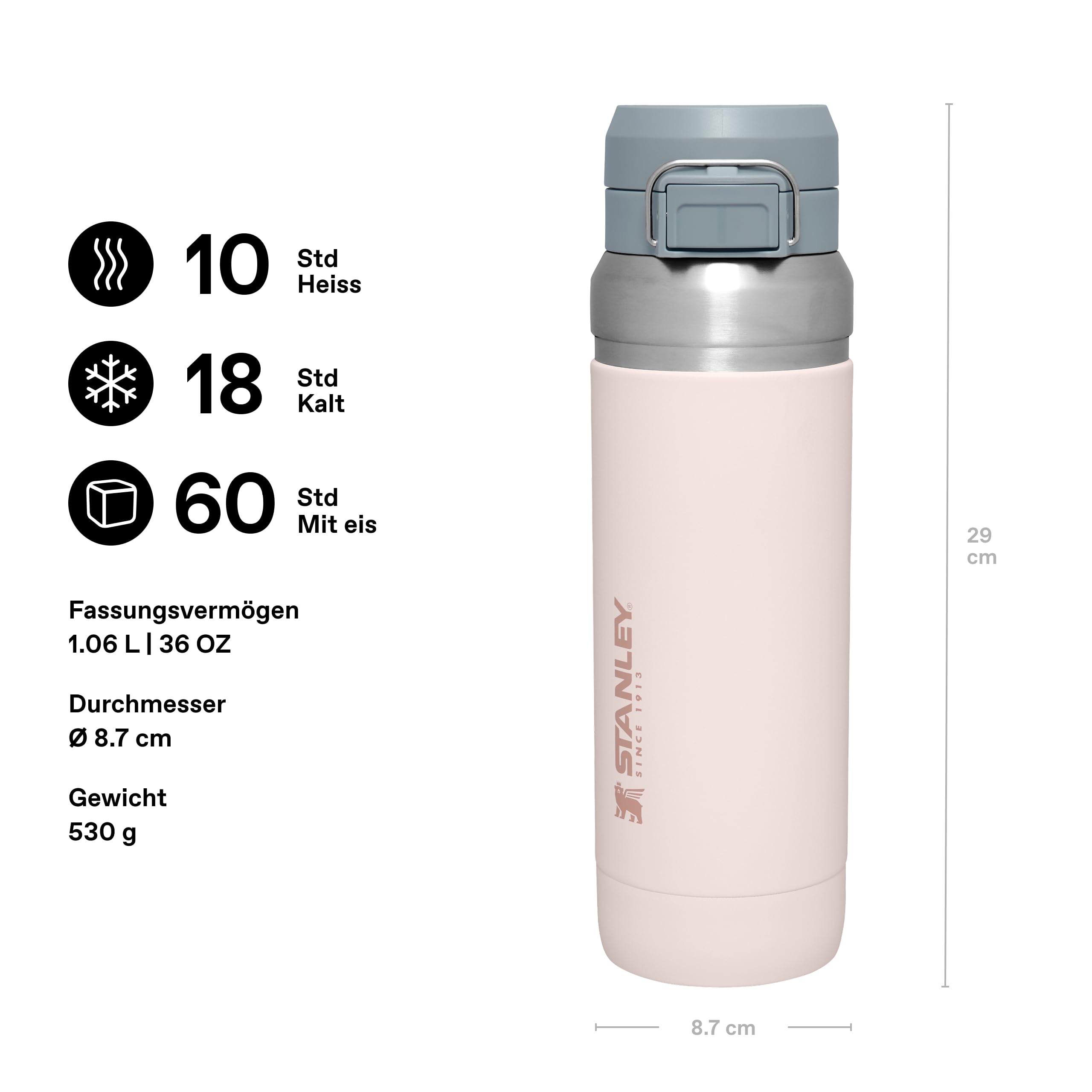 STANLEY 1913 Quick Flip Trinkflasche 1.06L - Rose Quartz | 18 Std. kalt - Auslaufsicher - BPA-frei - Spülmaschinenfest