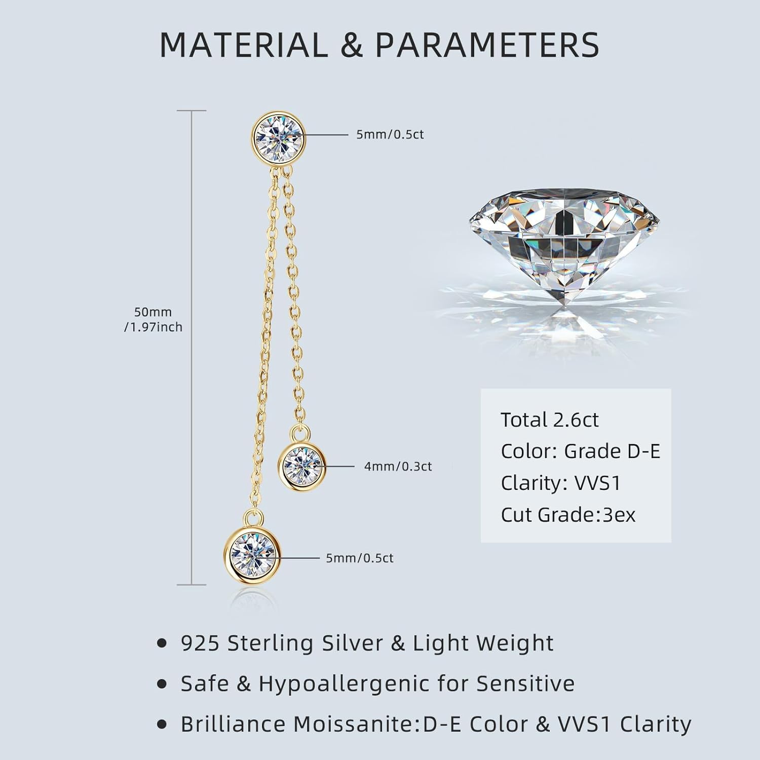 Moissanite Threader/Drop Dangle Earrings for Women, 925 Sterling Silver 1CT D-E Color Moissanite Dangle Earrings, 18K Gold Plated Chain Earrings for Women Hypoallergenic, Christmas New Year Gifts with Jewelry Box Packed