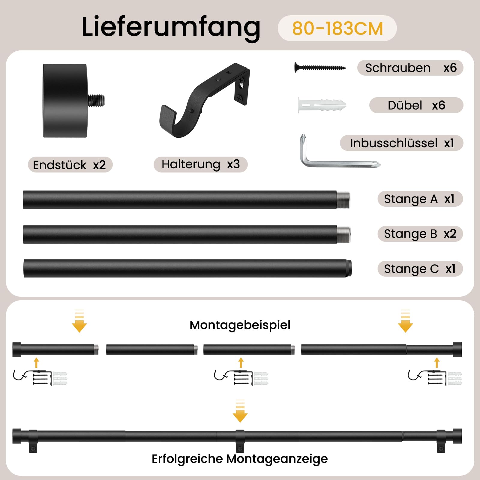 Asta Per Tende Regolabile DEFYNEE 80-183 Cm Nera - Diametro 25 Mm Con Staffa E Terminali - Foto 7