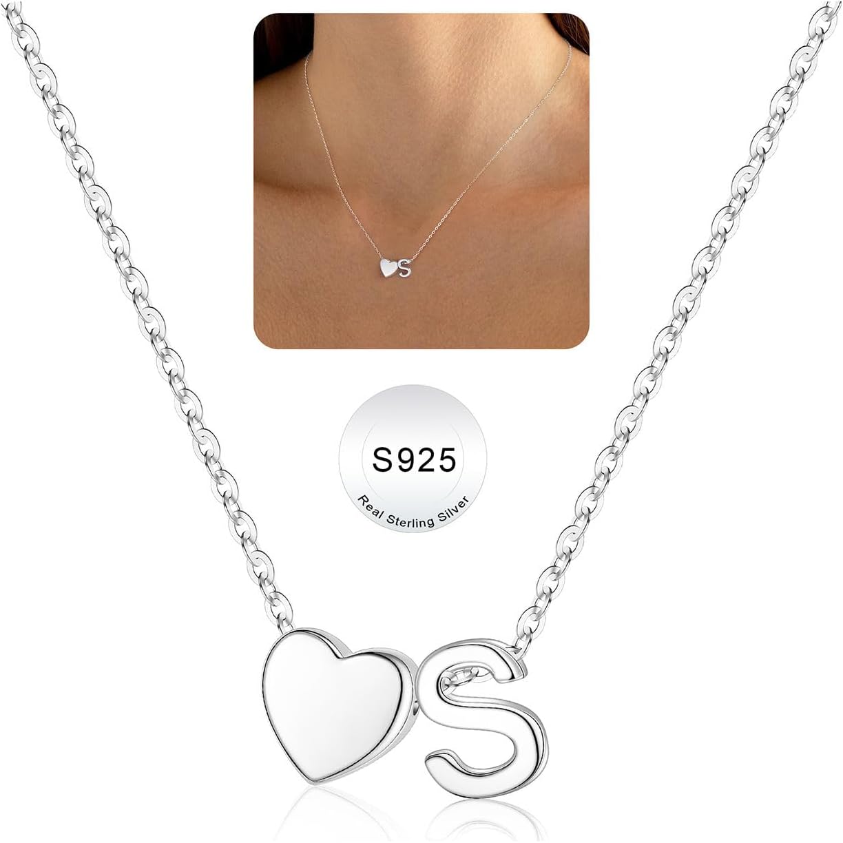 Turandoss S925 Sterling Silver Initial Necklaces for Women, Dainty Sterling Silver Tiny Heart Letter A-Z Necklace Trendy Jewelry Birthday Valentines Gifts for Girls Teen Girls