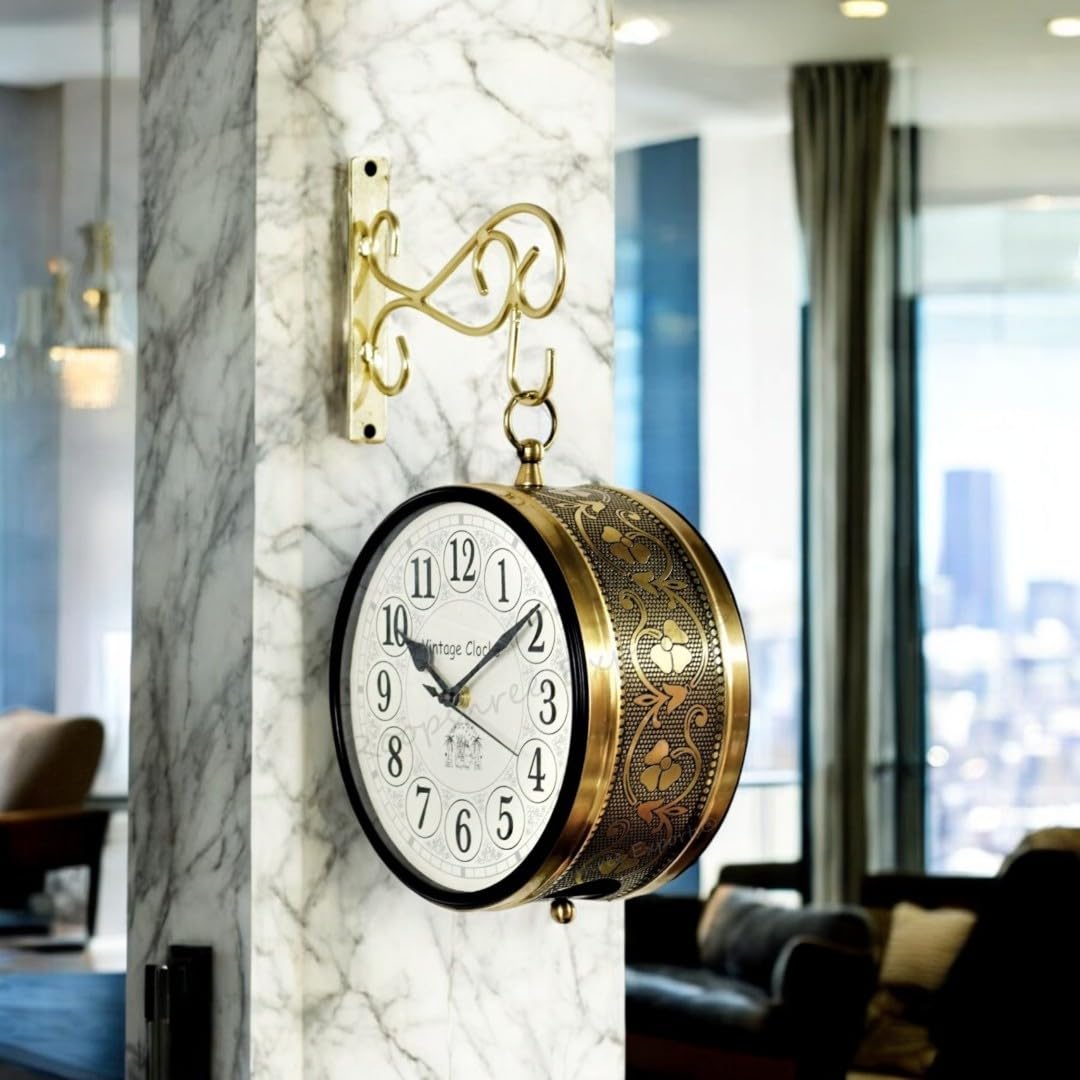 Vintage Clock Handcrafted Double Side Analog Wall Clock 1 Year Warranty / 65091-8-FHH, Iron, 20x20 cm, Two Side English Numbers, shiny Gold