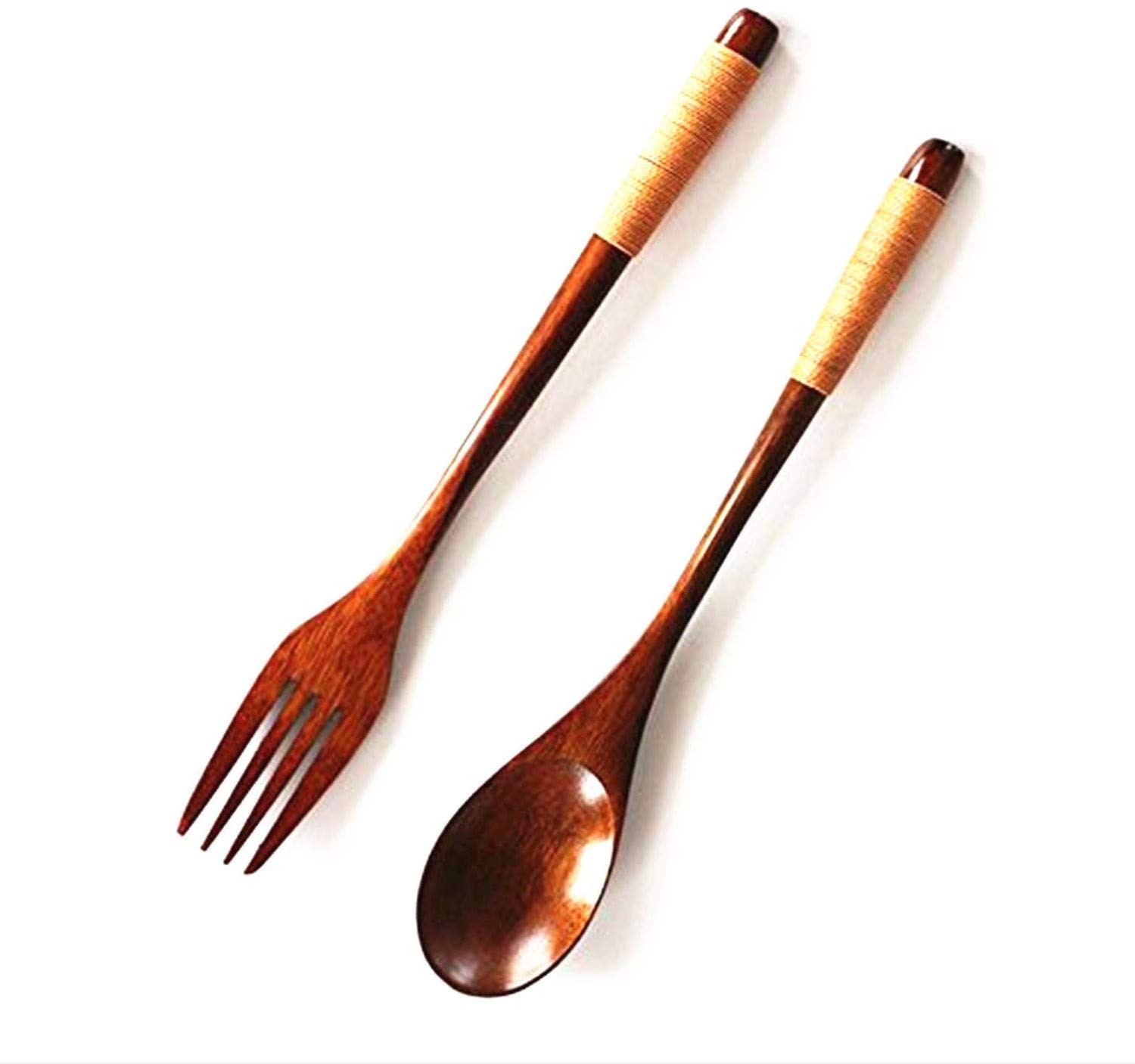 Juego de cucharas de madera y tenedores, vajilla de cocina, cubiertos de madera natural, juego de utensilios de mesa de madera, 2 cucharas y 2 tenedores, color marrón y negro 3