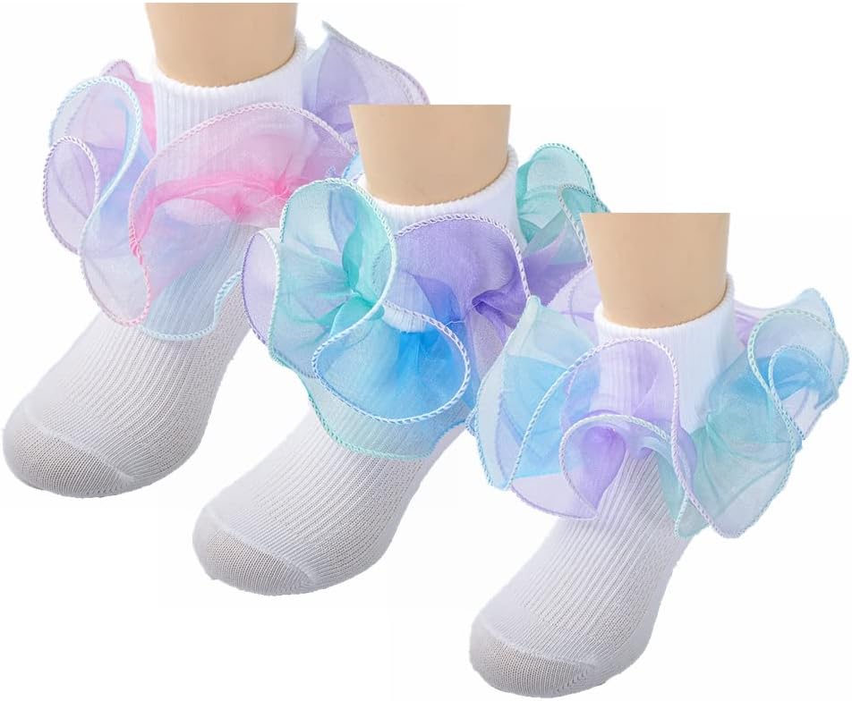 Hopply Toddler Girls Double Lace Socks Turn Cuff Shimmering Big Ruffle Rainbow Style Dress Lace Socks for Infant Kids - Image 8