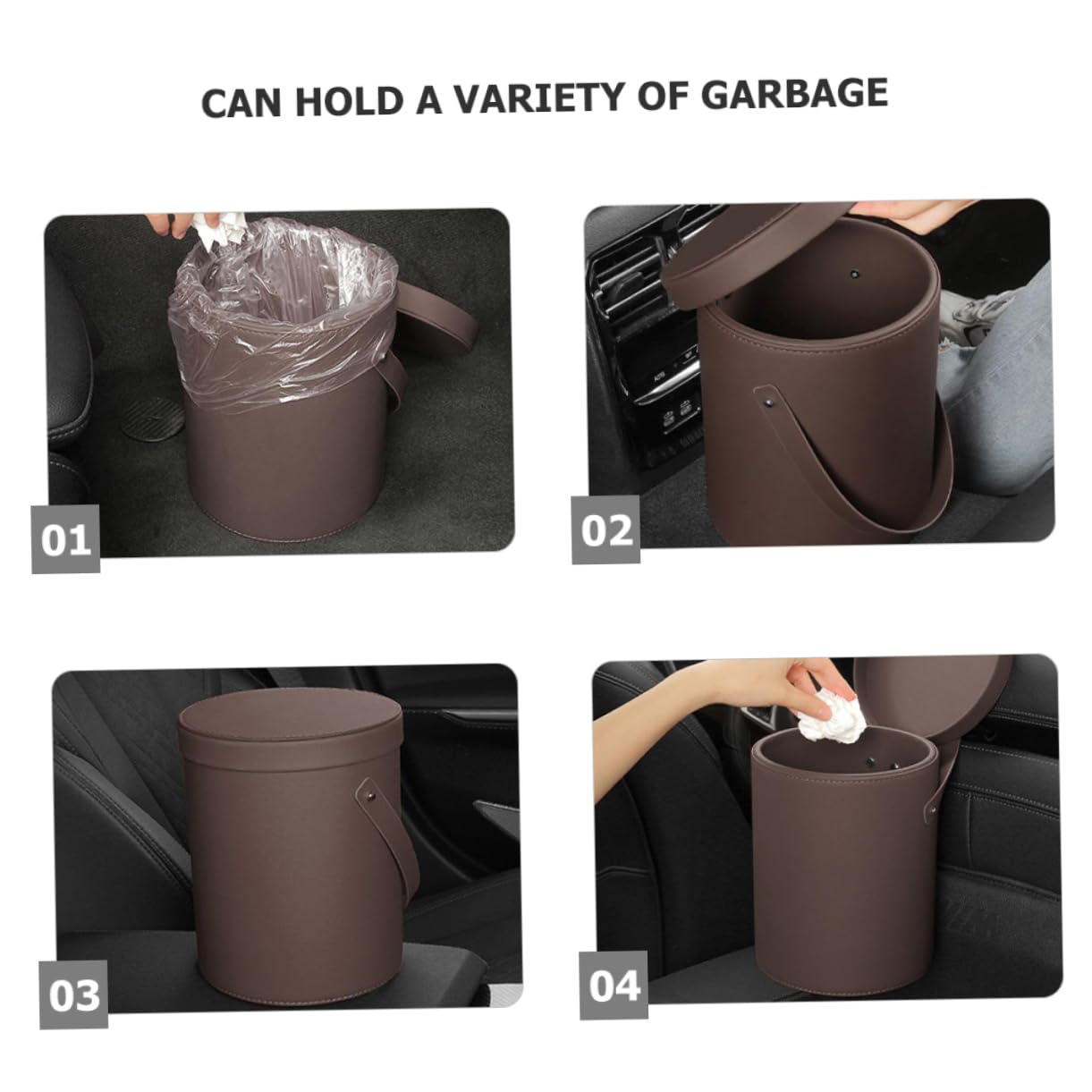 Zerodeko Brauner Pu Auto Mülleimer mit Deckel, Tragbarer Abfalleimer
