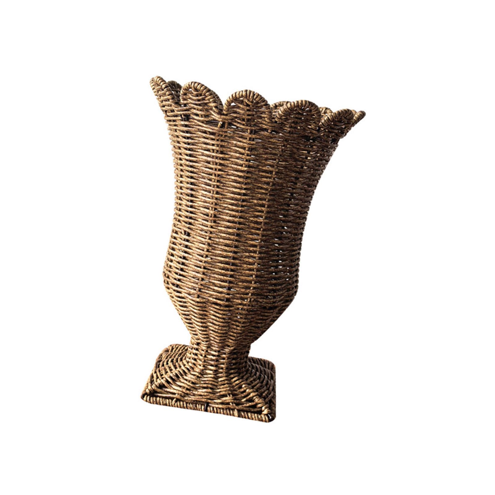 Pedestal Wicker Vase Handwoven Goblet Shape, Decorative Brown Flower Holder for Console Table, Mantel or Dining Centerpiece, Open Top Display Rattan Flower Holder Woven Vase Decor Goblet Pedestal Home