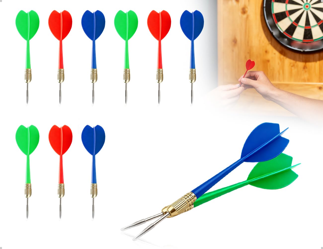 Set di 9 Freccette con Punta in Metallo, Freccette con Punta Rivestita in Ferro e Rame, Utilizzabili per Allenamento e Intrattenimento in Club (Rosso, Blu Scuro e Verde)