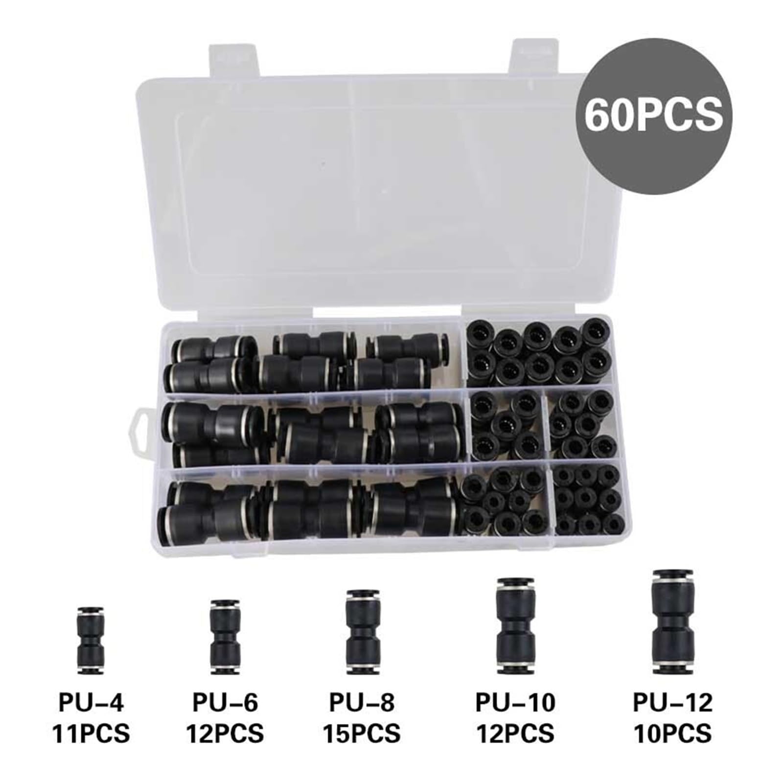 Conector neumático de plástico negro de poliuretano de 4 mm, poliuretano, 6 mm, poliuretano, 8 mm, 10 mm, 12 mm, tubo de manguera de aire y agua, acoplador rápido de gas, 60 unidades
