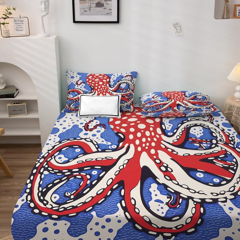 Vista 17 de Juego de sábanas de pulpo tamaño King, sábanas Kraken, microfibra suave, bolsillo profundo, sábanas y fundas de almohada estampadas sin arrugas, 4