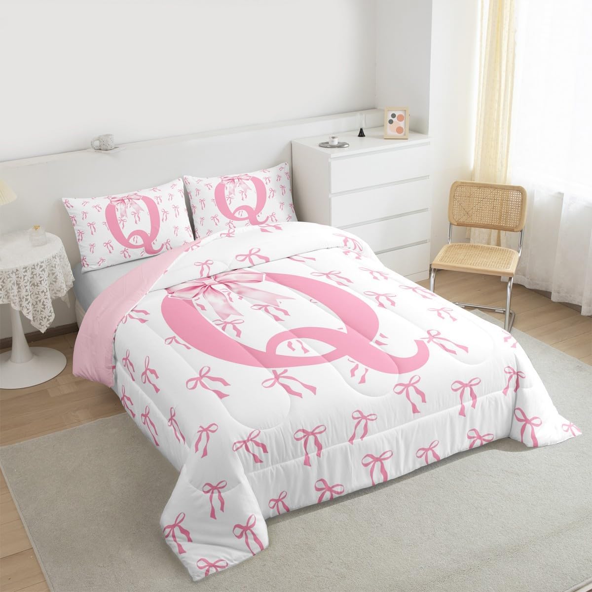 Erosebridal Romantic Pink Bowknot Comforter Set Twin Ribbon Initial A-Z Letter Bedding Set Dreamy Bows Down Comforter Modern Simple Pink White Bow Knot Duvet Insert