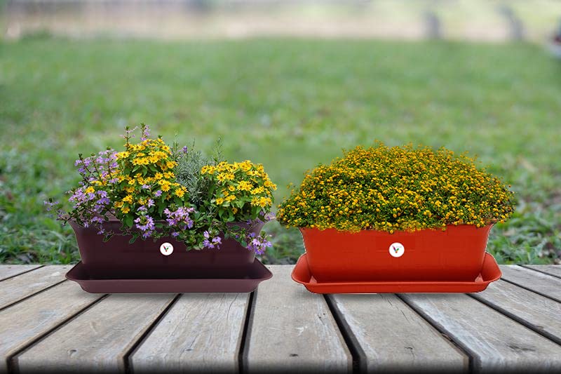 VINSHRA Plastic 20 Inch Brownish Purple and Terracotta Flower Pot with Bottom Tray Set of 2 (1 Small Pot Free) / Indoor and Outdoor Use Pot/Plant Container/Rectangle Planter Pot with Drip Tray