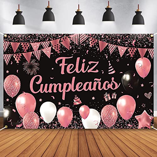 Bluelves Grande Pancarta con Feliz Cumpleaños en Español, Fiesta de Cumpleaños Decoración Banner, Rosa, 110 cm x 180 cm