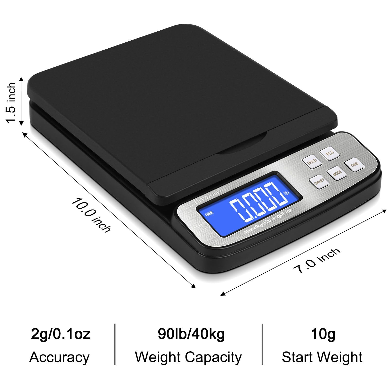Fuzion Báscula de envío, báscula postal digital precisa de 88 libras/1 onza con función de retención y tara, báscula de envío para paquetes y correo, pantalla LCD, batería
