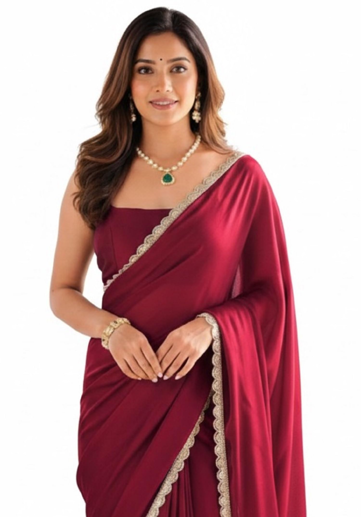 Ready To Wear Saree For Women Maroon Georgette One Minute Readymade Stitched Scalloped Border Lace With Unstitched Blouse