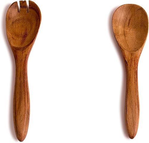 Juego de servidor de ensalada de madera de acacia de 6 pulgadas, pinzas para mezclar, tenedor y cuchara, utensilios de servir para lanzar ensaladas,