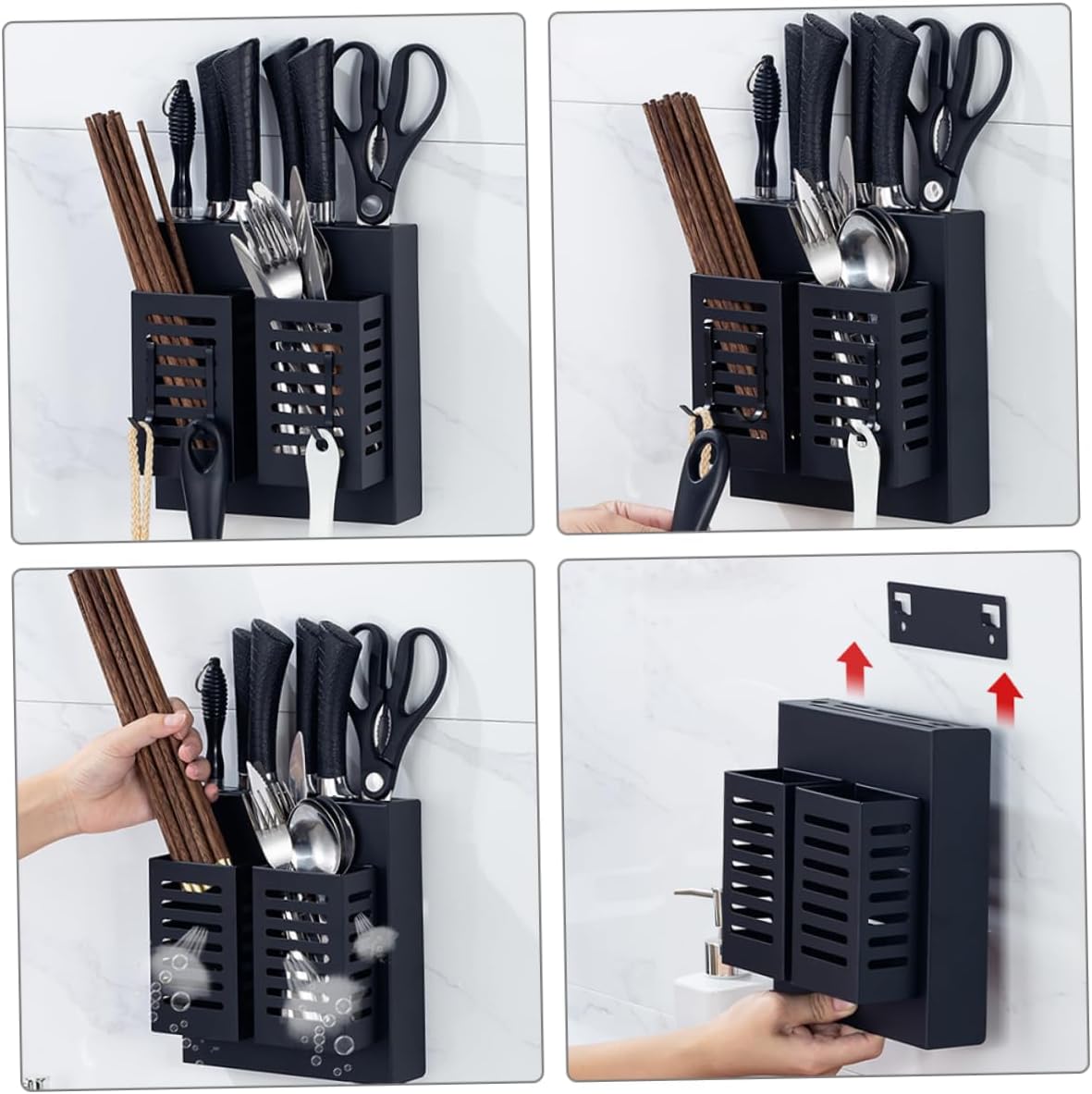SECFOU Stainless Steel Kitchen Cutlery Holder Wall-mounted Storage Rack with Hooks for Utensils Multifunctional Organizer for Kitchen Tools Space-saving Design Black
