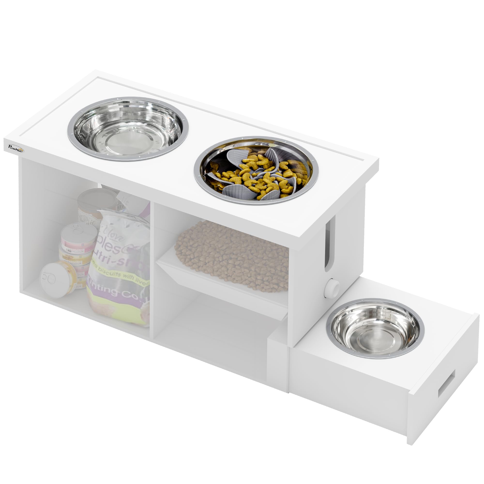 PawHut Elevated Dog Bowls with Slow Feeder Mat & Semi-Auto Dispenser Function, Pet Feeding Station with Storage Cabinet, 3 Stainless Steel Bowls, for Large & Extra Large Dogs, White