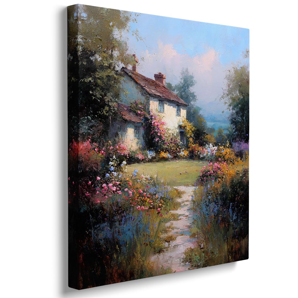 Spring Cottage Garden Landscape Canvas Wall Art Floral Country House Painting Romantic Countryside Scene for Living Room Wall Decor 18x24in Wood Frame