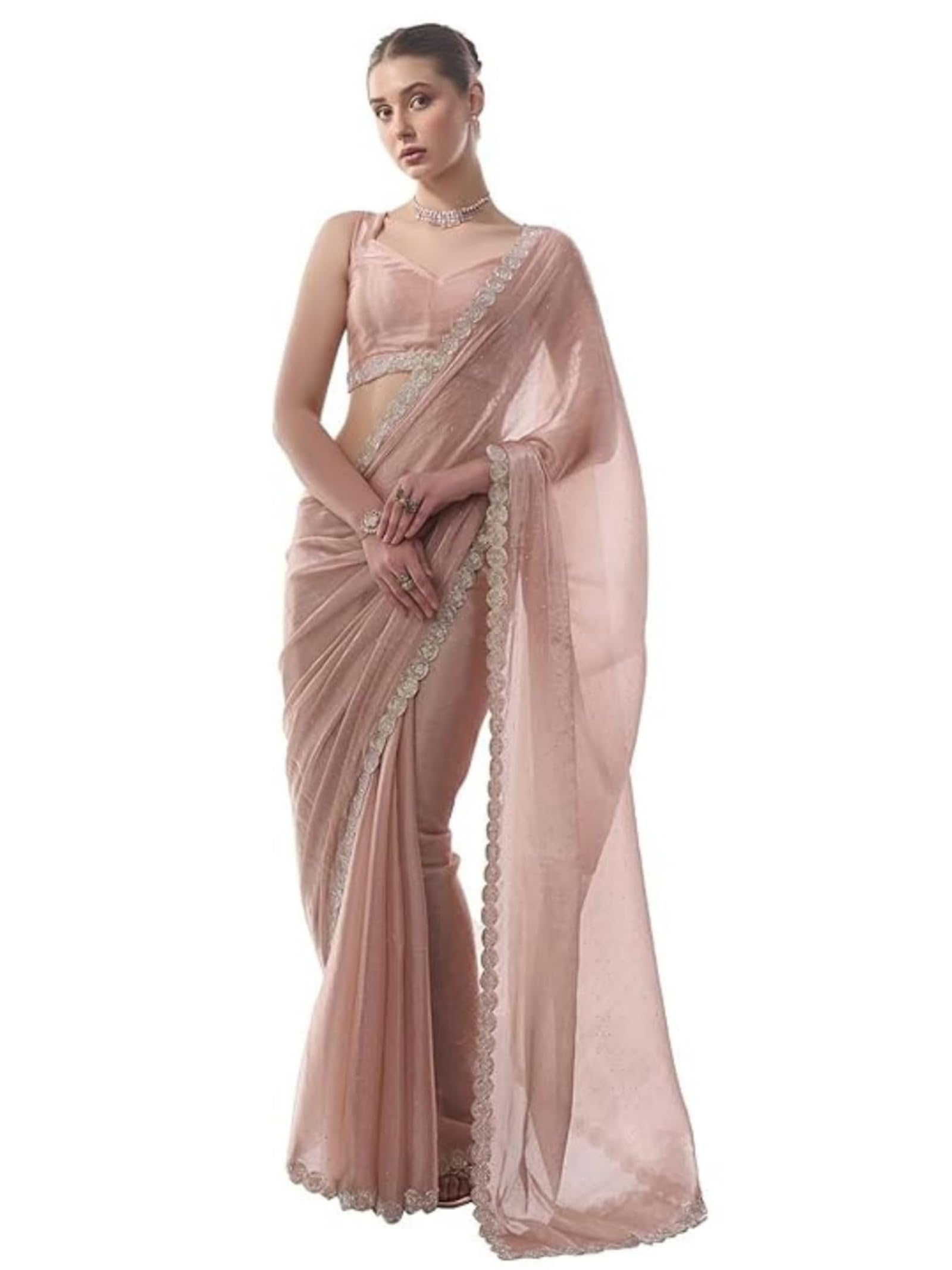 Embellished Pure Chiffon Saree | Sequinned Pink Saree Fabric With Matching Blouse | Festive & Wedding