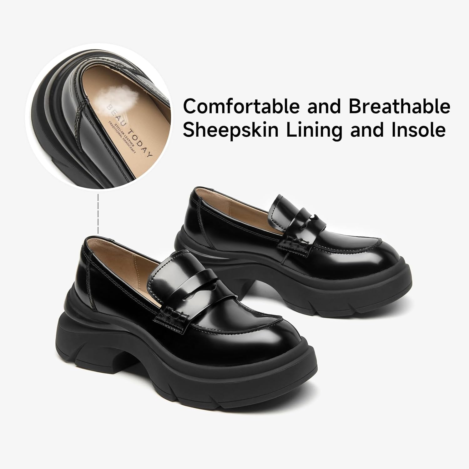 BEAU TODAY Platform Penny Loafers for Women, Women’s Leather Chunky Heel Slip-on Loafers, Non-Slip Design, Comfortable Business Casual Round Toe Loafer Shoes - Image 6