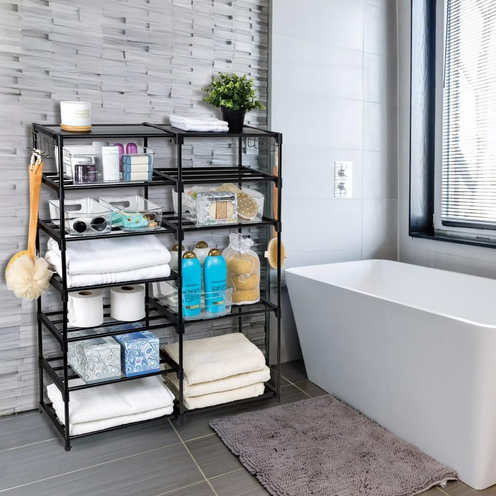 7-Tier Black Space-Saving Shoe Rack Holds Up to 21 Pairs with Adjustable Shelves & Hooks