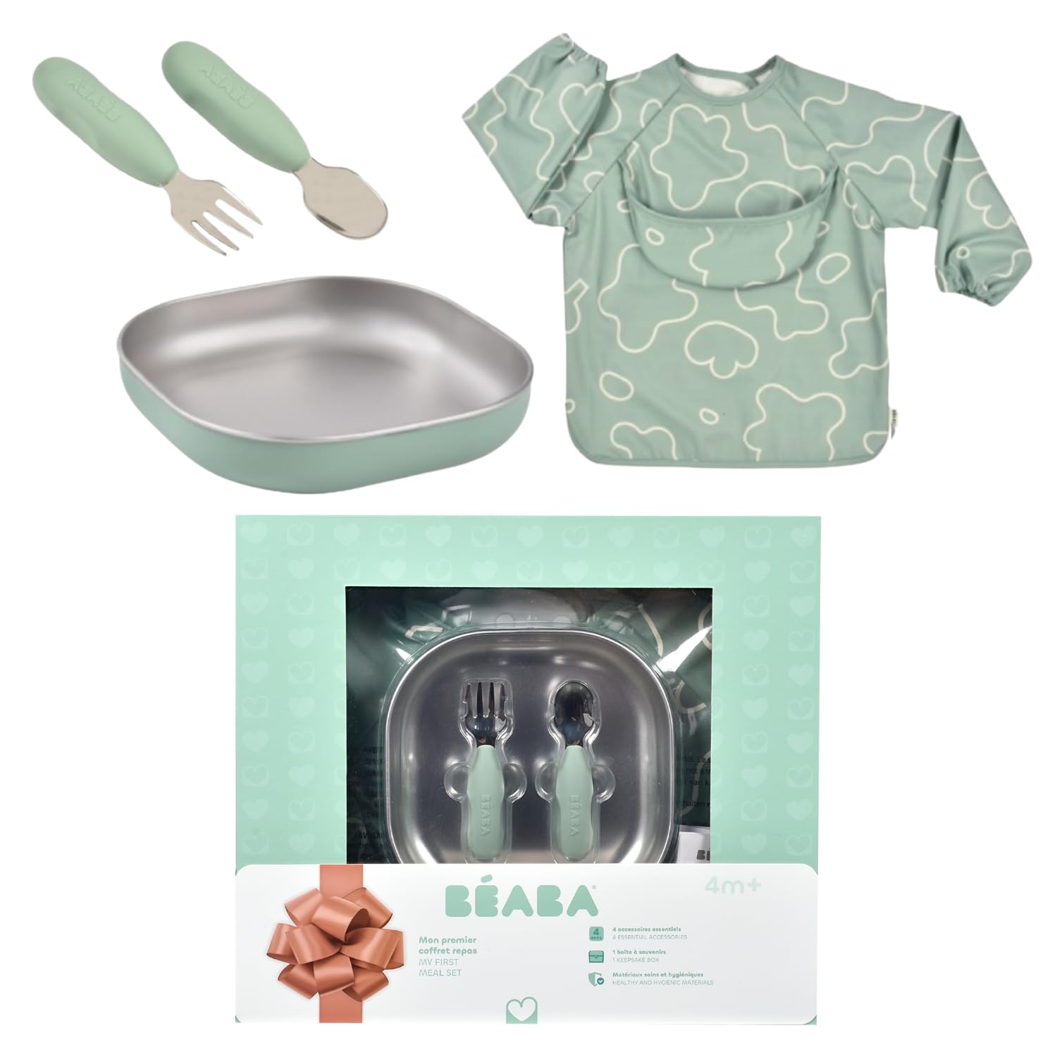BÉABA Coffret Repas Bébé – Assiette Inox Micro-Ondes, Pré-Couverts Ergonomiques, Bavoir à Manches, Boîte Souvenir – Vert Sauge