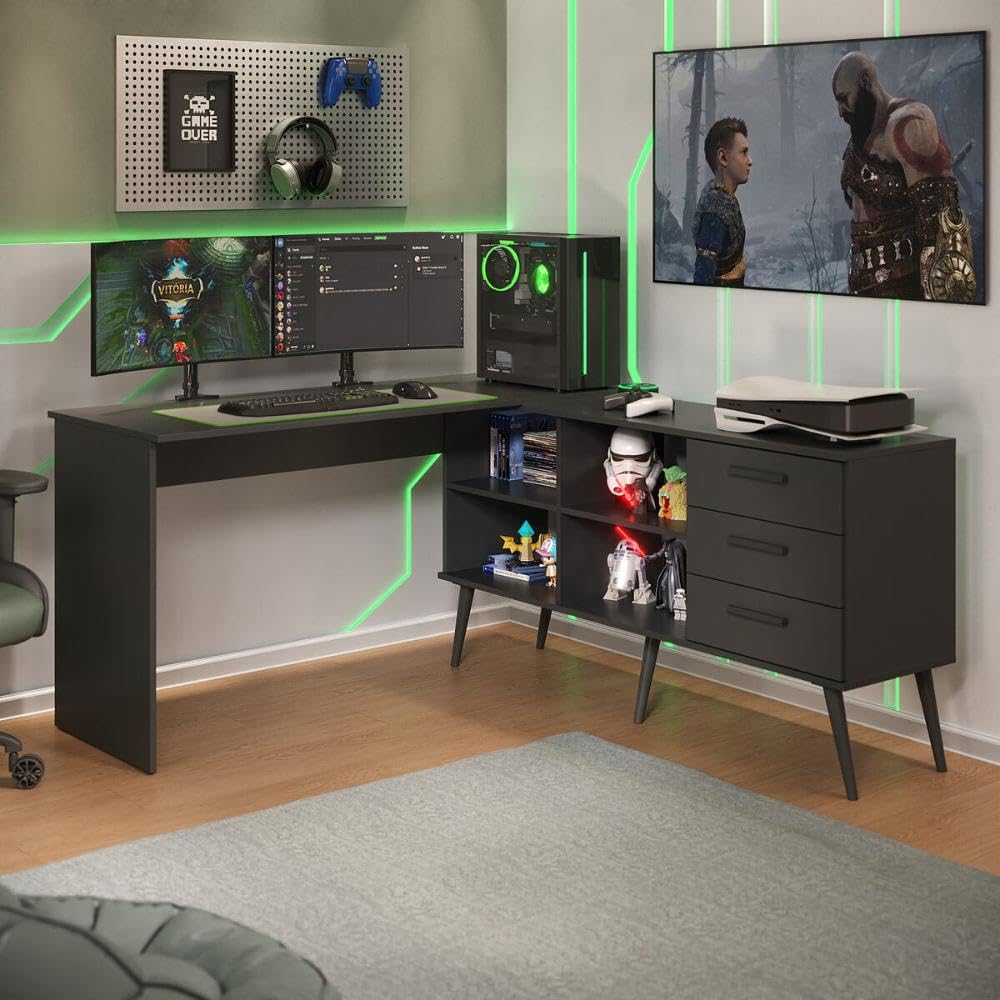 Escrivaninha Gamer em L para Computador 3 Gavetas Nexus Multimóveis Mp4781 Preto