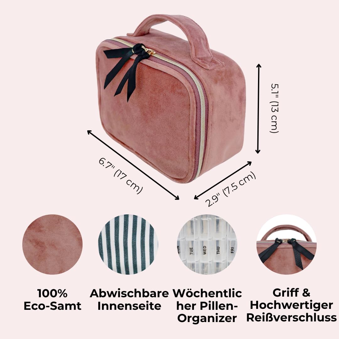 Bag-all Pill Pillenbox mit Wochendosierer | Tablettenbox mit Henkel und Reißverschluss | Reiseapotheke aus nachhaltigem Samt | Kompakter Medikamenten Organizer für unterwegs | Rosa Samt