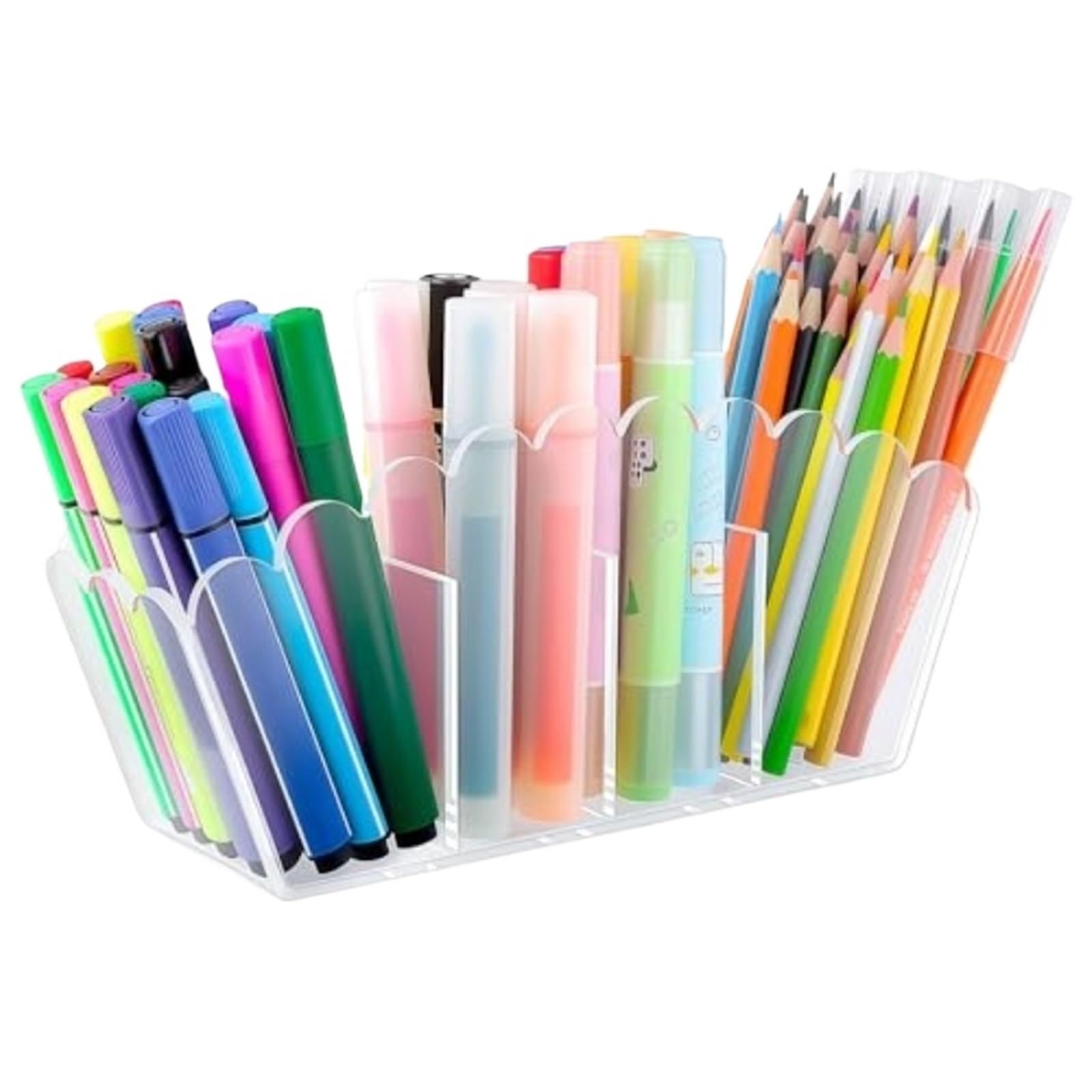 WEOKDFHA Clear Pencil Holder Pen Holder 2-Compartment Scalloped Desk Caddy for Office, Vanity or Bathroom Makeup Brush and Pencil Organizer 2-Comp