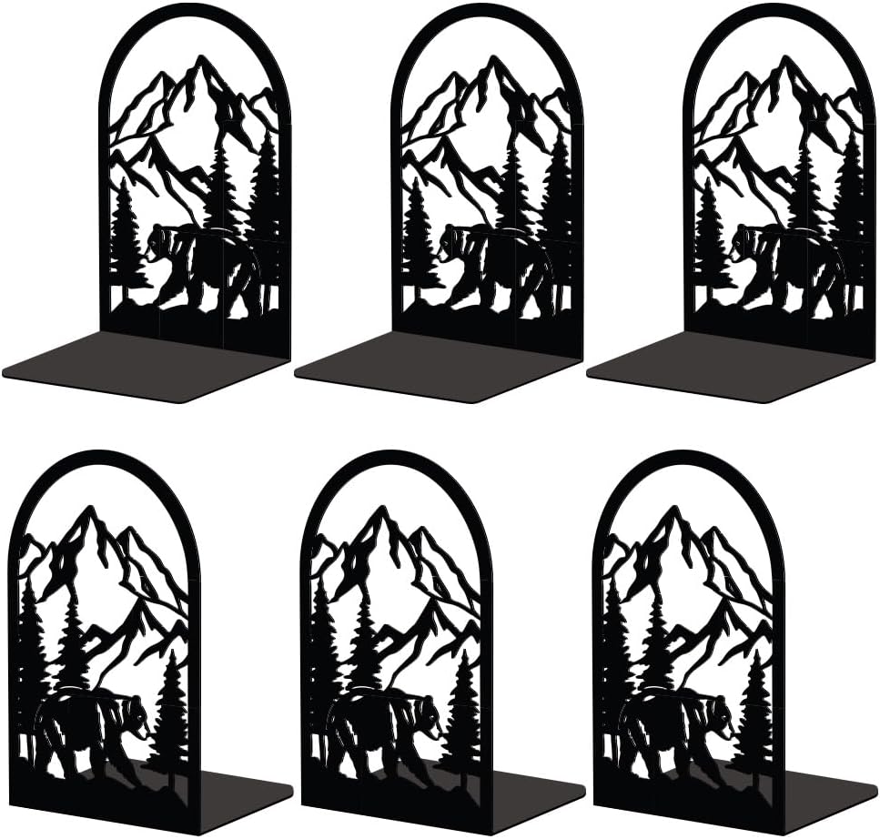 Peacoblue Metal Bookends for Shelves, 3 Pair of Modern Decorative Heavy Duty Study Book Support Stoppers for Office Desk Shelf Room 5.3"x4.3"x7.9" Cast Iron Bookends (Mountain and Forest with Bear)