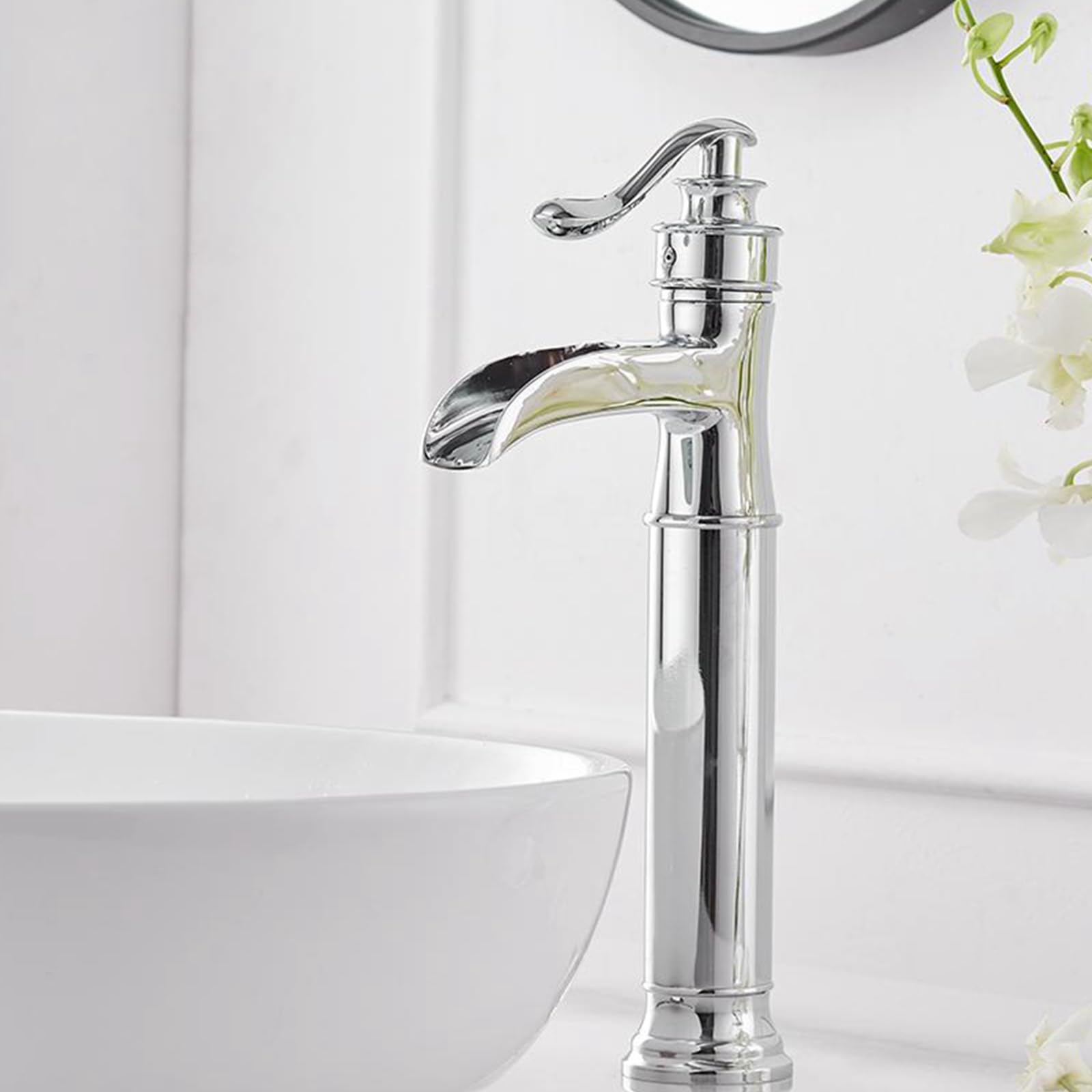 Robinet Salle De Bain Cascade Chromé, Mitigeur De Lavabo Haut Bec En Laiton Robinetterie Moderne Pour Vasque 90521673