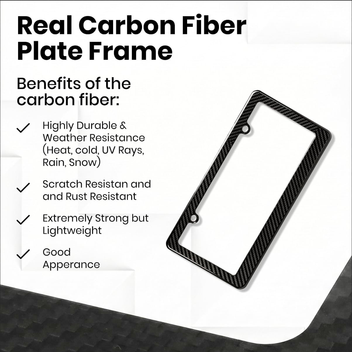 Car 100% Real 3k Twill Weave Glossy Black Carbon Fiber License Plate Frame Cover, Glossy UV Protection, Front/Rear Fit for USA/Canada/Mexico Standard Size 6.25"" x 12.25"" Auto Tag Holder