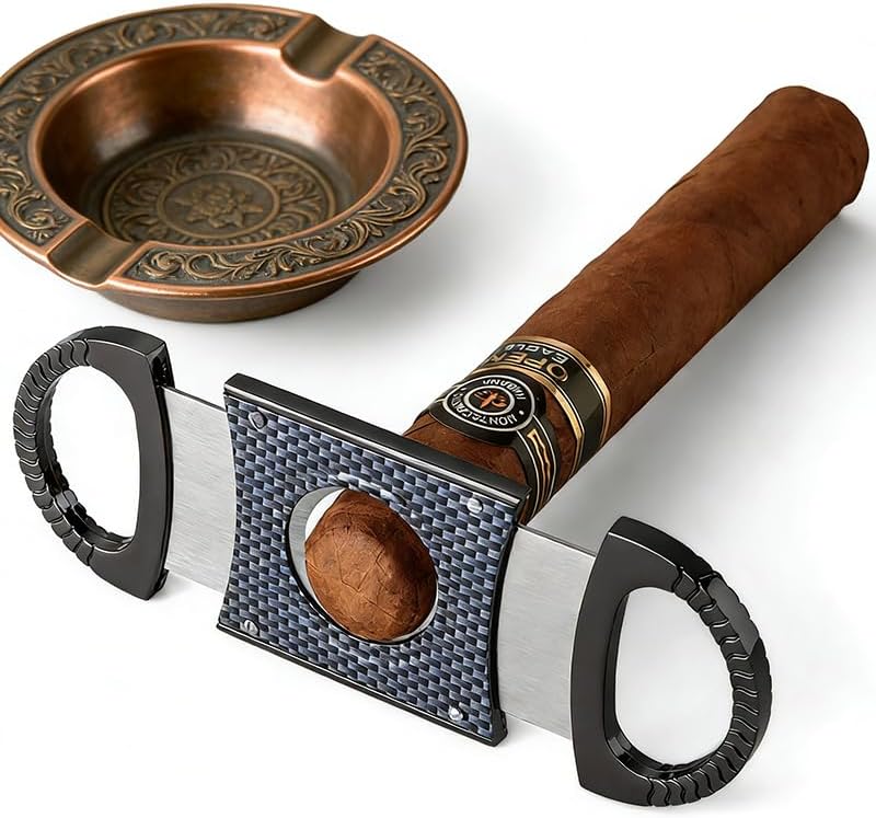 Cigar Cutter Double Blades Gold Tone Stainless Steel Guillotine Pocket Smoking Tool Manual Case