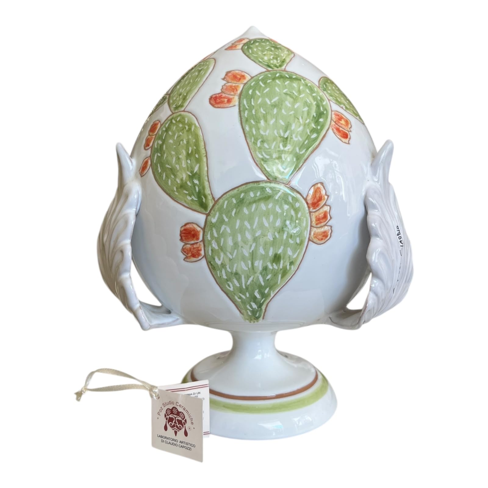 Pumo Pugliese in Ceramica, Bianco con Decorazioni Fico d'India, Pezzo Unico Firmato dall'Autore, 25 cm