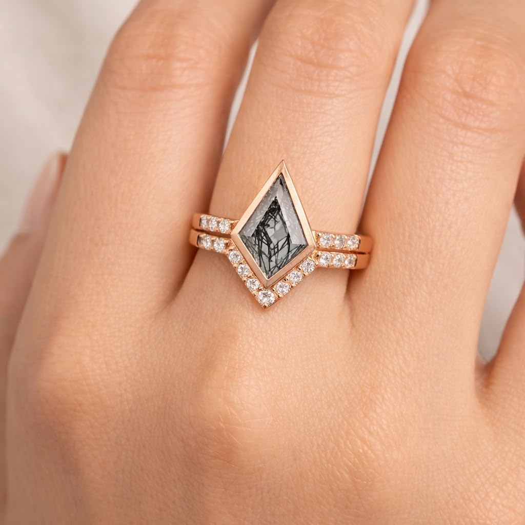 Kite Cut Black Rutilated Quartz Engagement Ring Set for Women 14K Rose Gold Diamond Halo Bridal Set Unique Wedding Ring Alternative Promise Jewelry Gift for Wife