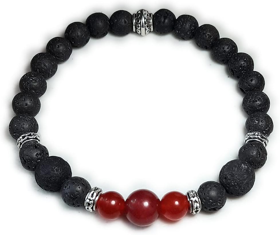 Genuine Ruby and Lava Unisex Handmade Beaded Stretch Bracelet