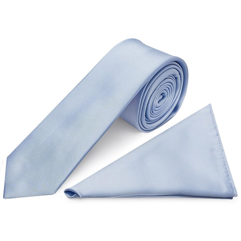 TIES R US Plain Dusty Blue Satin Skinny Mens Tie and Pocket Square