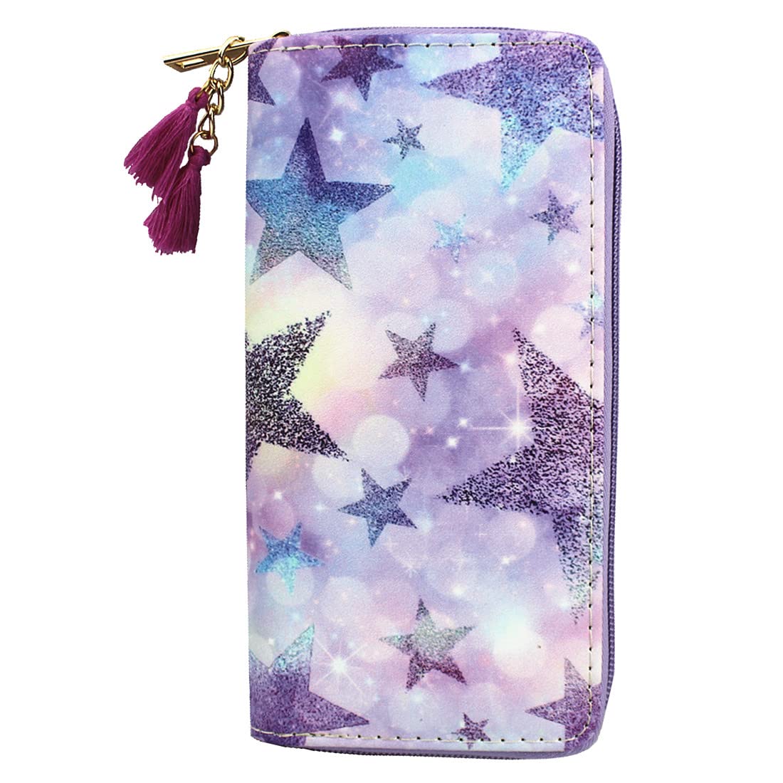 Timlee Girls Purple Star Zipper Wallet Long Clutch Bag PU Leather Purse Christmas Gift(Purple Star 0828)