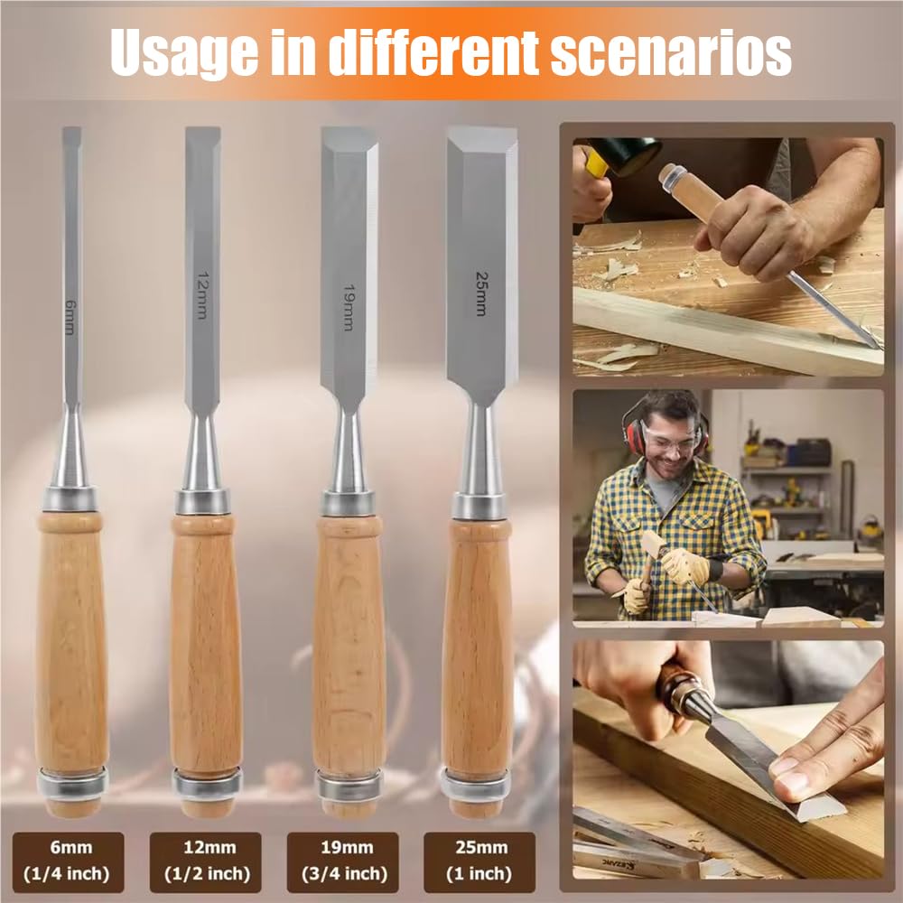 Scalpelli Per Legno,Set Di 8 Scalpelli Da Falegname Da 1/4 Pollice a 2 Pollici, Con Mola e Guida Di Smerigliatura Per Intaglio Del Legno, Carpenteria e Rifilatura Dei Bordi