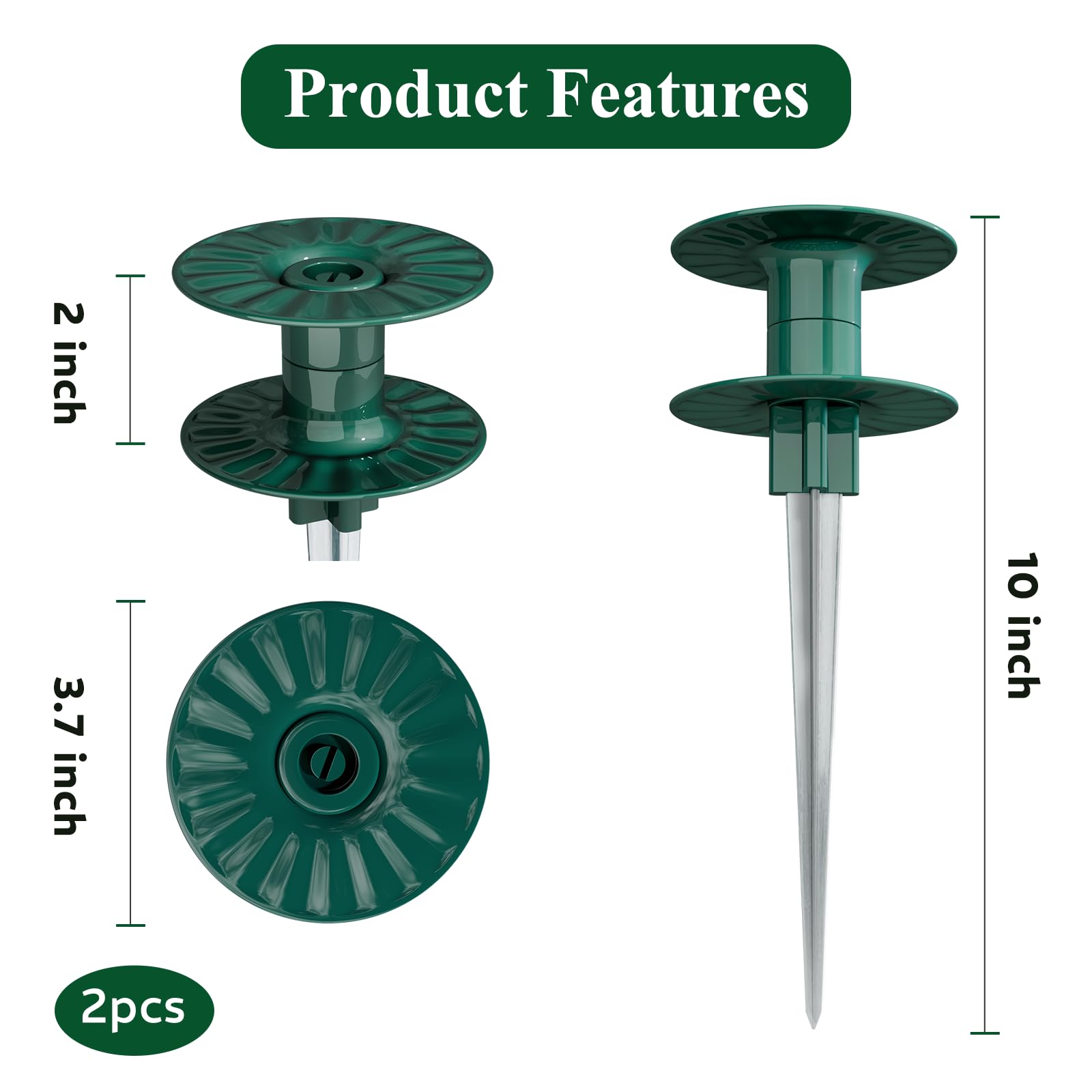 Estaca guía de manguera de jardín de 10 pulgadas, estaca de metal resistente de zinc sin óxido, parte superior giratoria verde oscuro, mantiene la manguera de jardín fuera de los macizos de