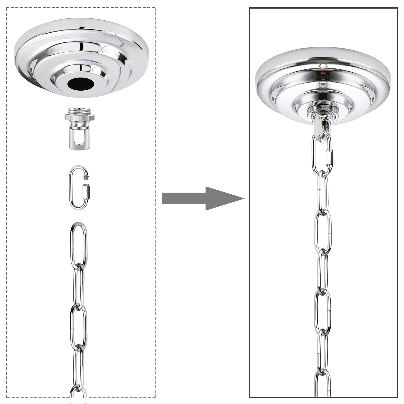 5-5/16 Inch Light Canopy Kit with 6 Feet Hanging Chain, Heavy Duty, Replacement Cover Plate for Chandelier, Pendant Light, Swag Light, Ceiling Fan, Flower Basket or DIY Projects (Chrome) — Amazon image 8