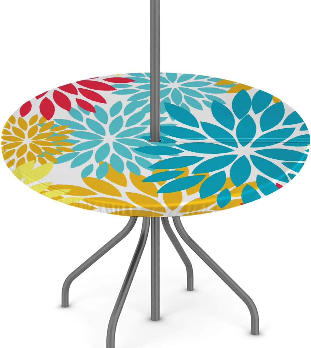 KNEMI Round Garden Table Cloth With Parasol Hole, Blue Yellow Mandala Outdoor Circular Fitted Tablecloth Wipeable Waterproof Elastic Edged Table Cover for Party Picnic, Fit for 36"-44" Round Tables โ image 1