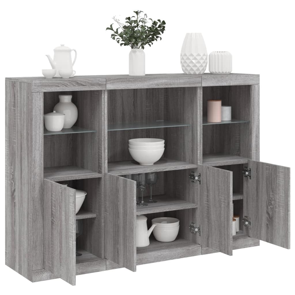 Les buffets gris avec éclairage LED RVB en bois offrent beaucoup d'espace de rangement et sont disponibles en lot de 3 avec lampes LED réglables
