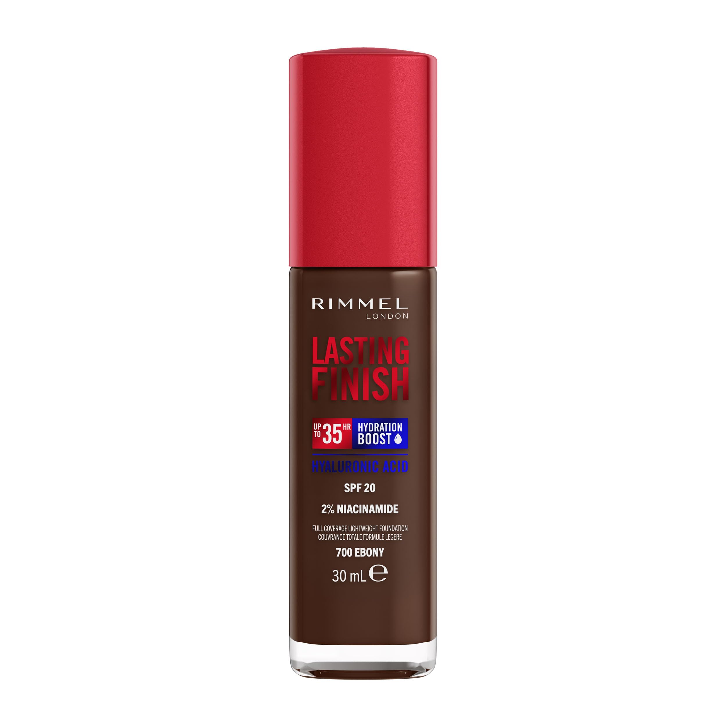 Rimmel Lasting Finish 35Hr Foundation 700 Ebony, Full Coverage, Hydrating, SPF20, Hyaluronic Acid, Vitamin E, 2% Niacinamide, All Day Wear, Vegan, Cruelty Free
