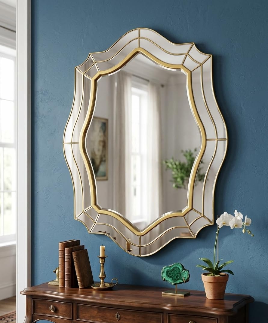 DEENZ Wavy Oval Shape Wall Mirror Gold Frame 74X56Cm Simply Stylish Art Home Décor Living Room Bathroom Bedroom Entryway Wavy Oval Shape Wall Mirror Gold Frame